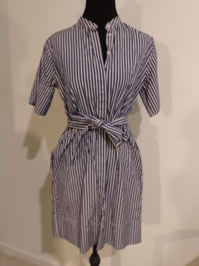 Everlane Blue and White Vertical-Stripe Shirt Dress with Tie Waist